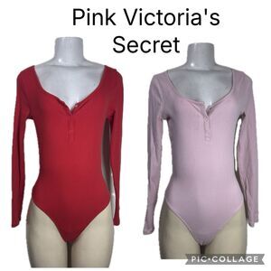 (H1) Victoria's Secret, 2 bodysuits, pink and red Ribbed print, women's size XS